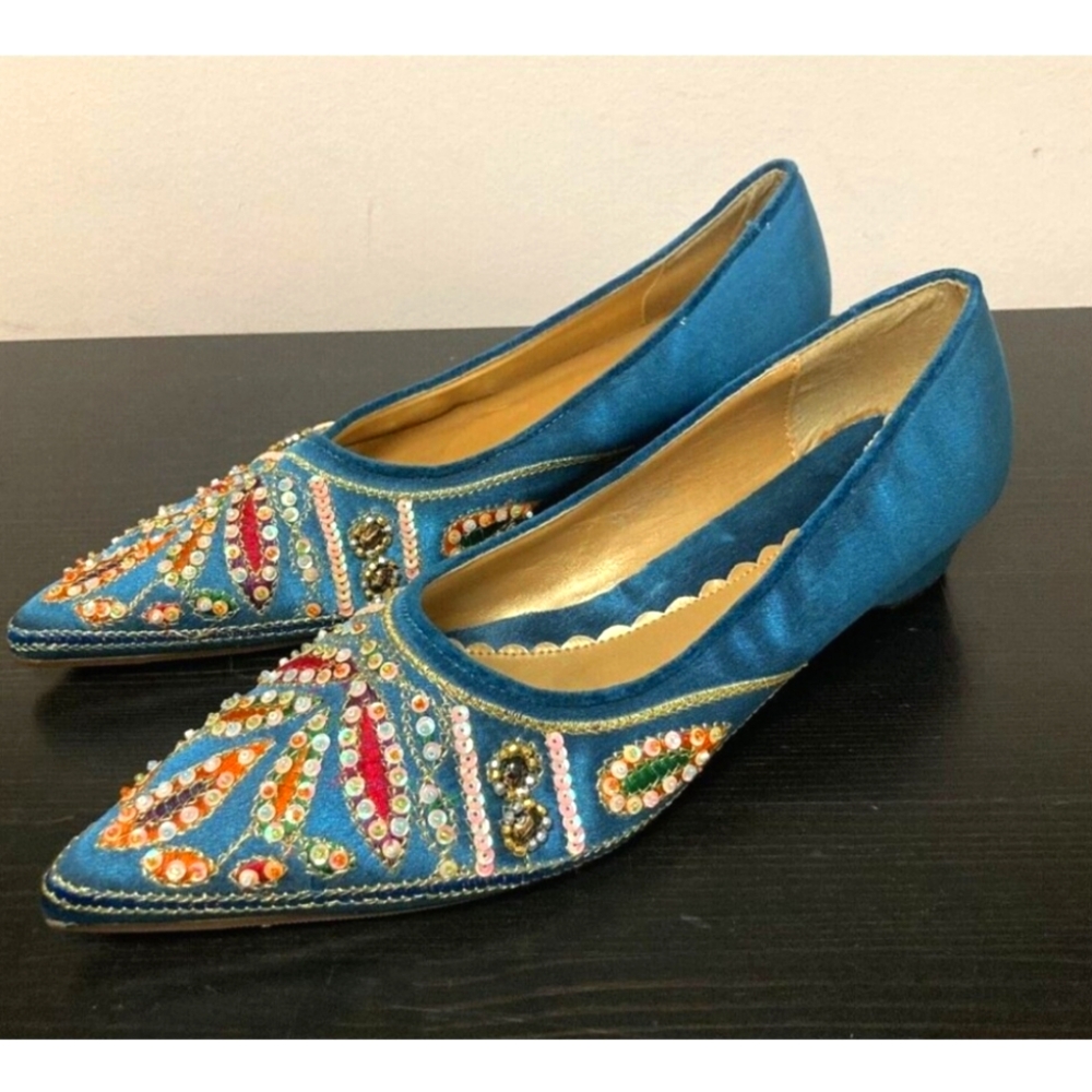 Matisse Sheena Women Size 10M Aqua Blue Boho Flats Shoes Satin Beaded Pointed